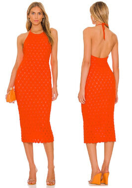 Alice + Olivia Jone Crochet Halter Neck Sweater Midi Dress Orange Women's Small